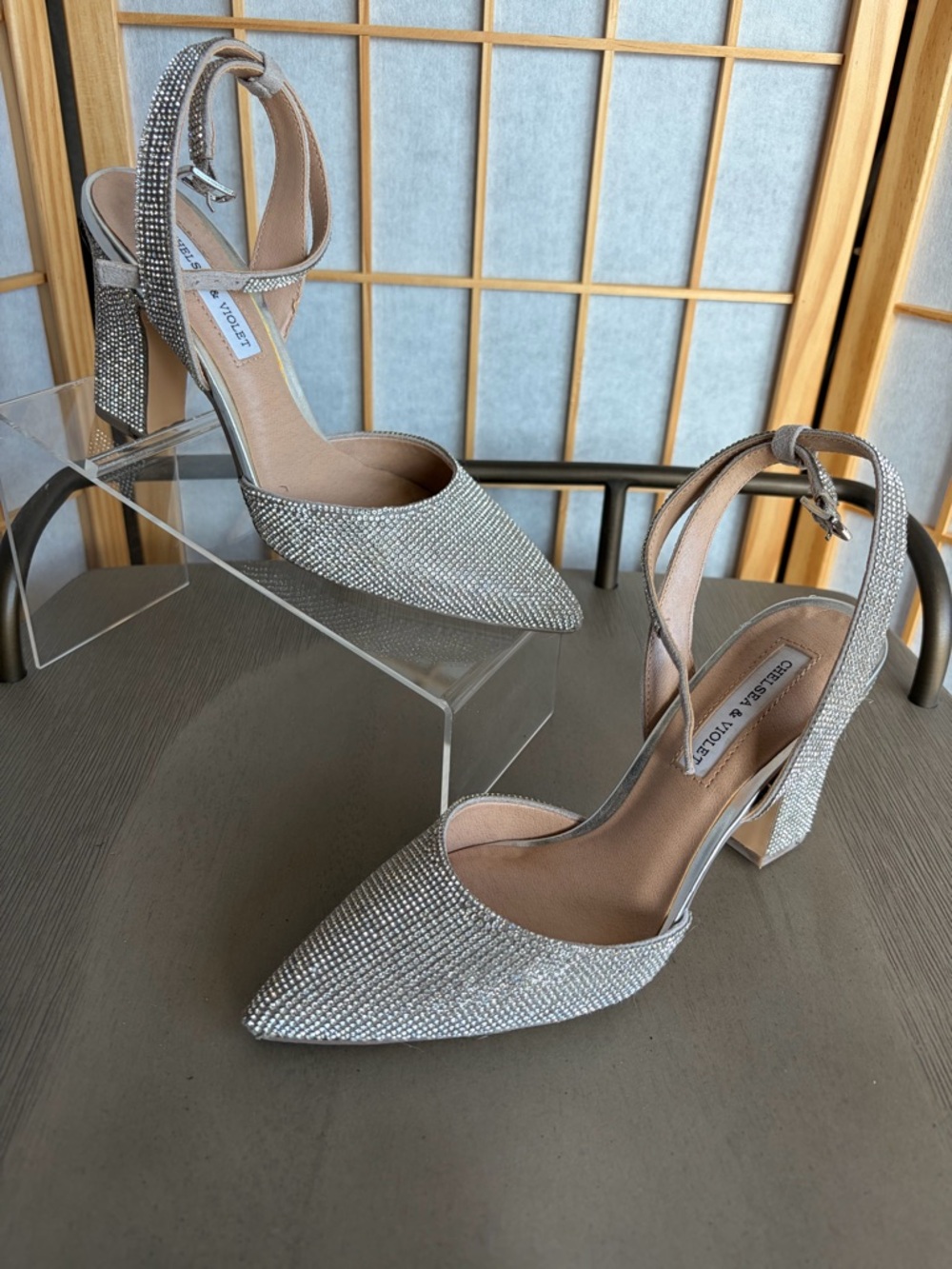 Chelsea & Violet Silver Crystal Pointed Block Heel Pumps